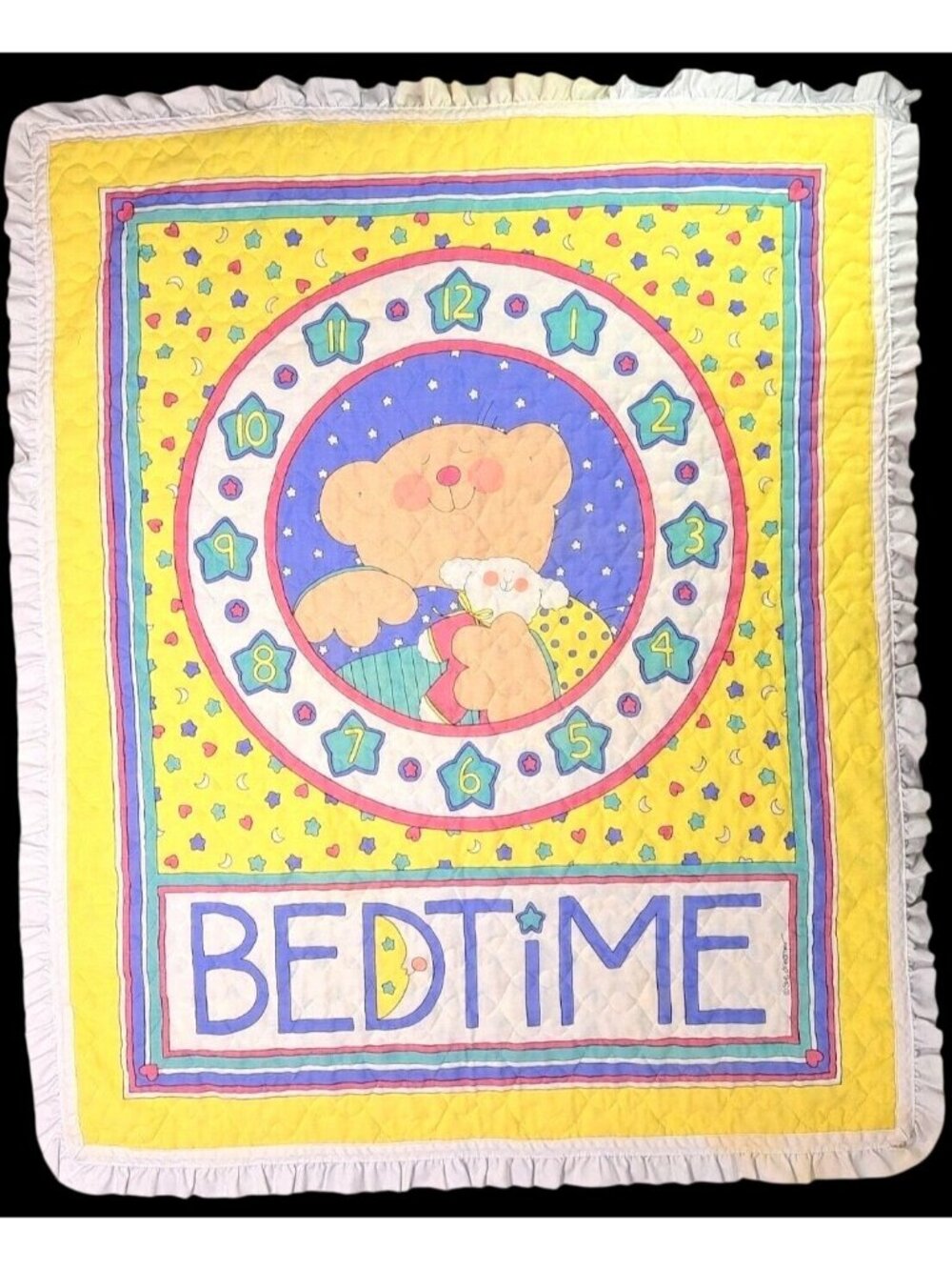 Vintage Sue Dreamer Bedtime Teddy Bear Clock Baby Nursery Quilt 37" x 45" Yellow